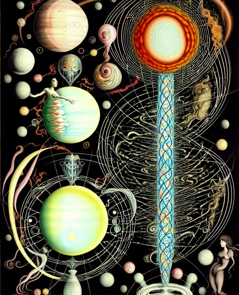 Image similar to whimsical uncanny creature alchemizes unique canto about'as above so below'being ignited by the spirit of haeckel and robert fludd, breakthrough is iminent, glory be to the magic within, to honor jupiter, painted by ronny khalil