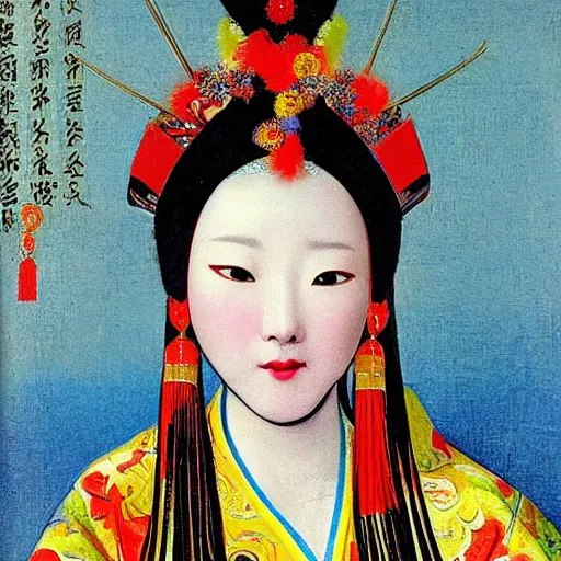 Image similar to impressive colorful portrait of a high fashion wudan girl in a chinese opera headdress, renaissance painting