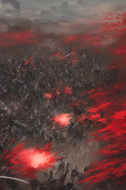 Image similar to bloodiest samurai battle in history. Sashimono. Greg rutkowski legendary matte painting.. 4k, particles light,