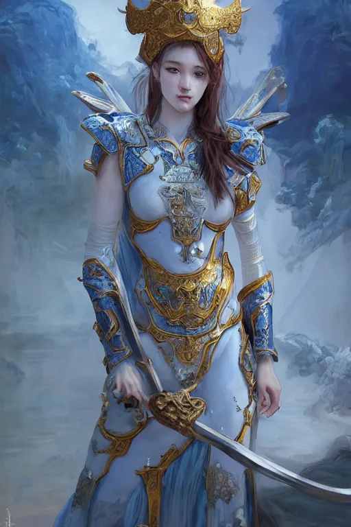 Image similar to portrait knights of Zodiac girl, Chinese Blue and white porcelain reflected armor, in ruined Agora of Athens sunrise, ssci-fi, fantasy, intricate, very very beautiful, elegant, golden light, highly detailed, digital painting, artstation, concept art, smooth, sharp focus, illustration, art by tian zi and WLOP and alphonse mucha