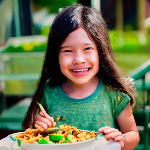 Image similar to kid with long hair and a mustache eating vegetable fried rice