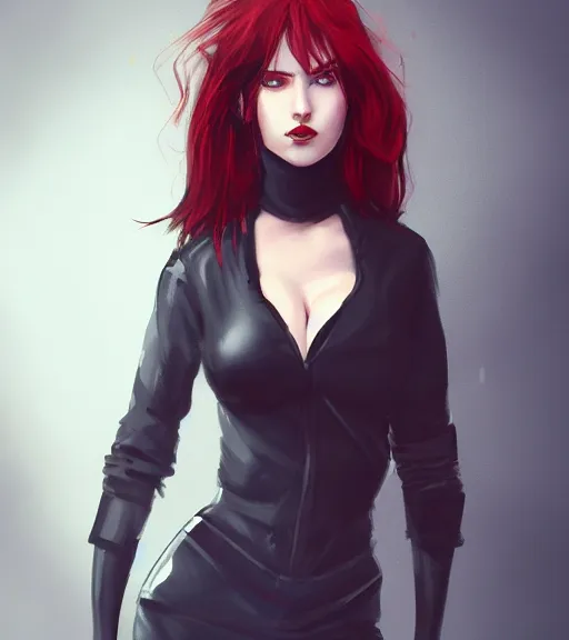 Image similar to a woman wearing black clothes, full body shot, red hair, highly detailed, digital painting, artstation, concept art, smooth, sharp focus, illustration