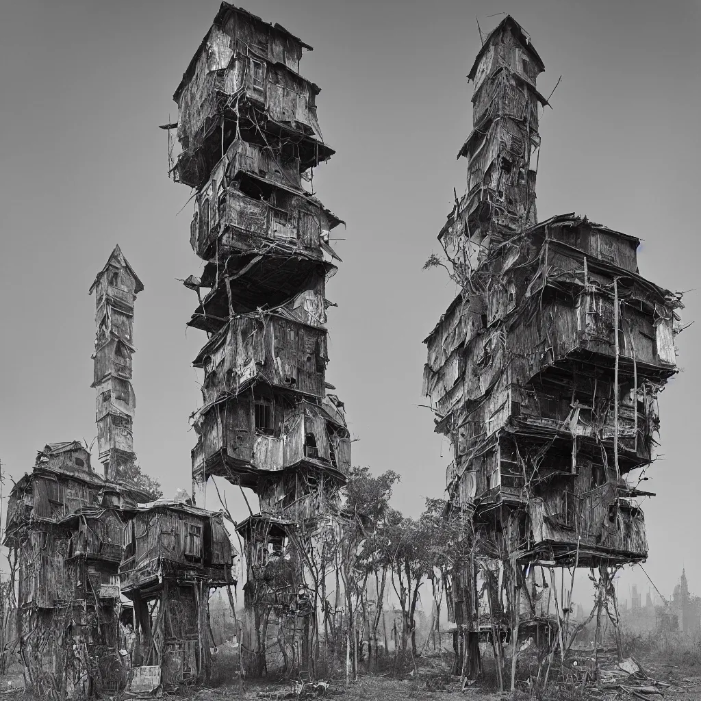 Image similar to two giant towers, made up of makeshift squatter shacks, misty, dystopia, mamiya rb 6 7, fully frontal view, very detailed, photographed by ansel adams