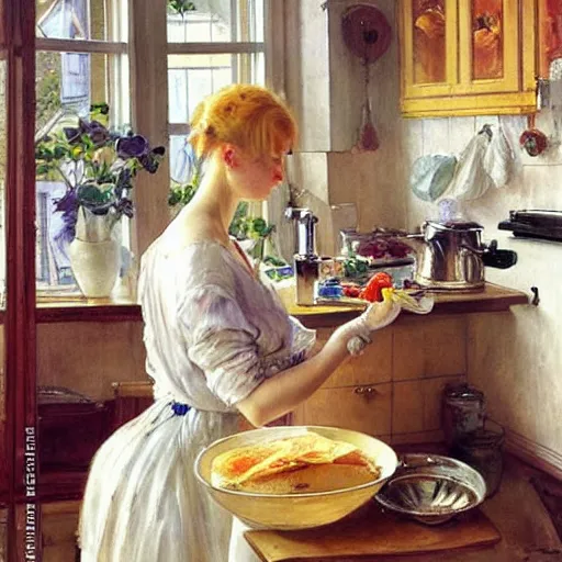 Image similar to beautiful blonde woman, making breakfast, morning, painting volegov carl larsson