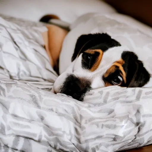 Image similar to a sleepy puppy in bed, resting on a pillow, wearing pajamas, Sigma 85mm f/1.4