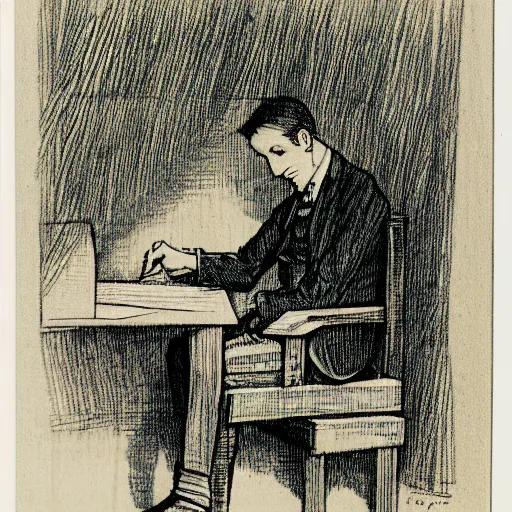 Image similar to tired man sitting behind a desk in a cubicle, papers stacked high by charles maurice detmold