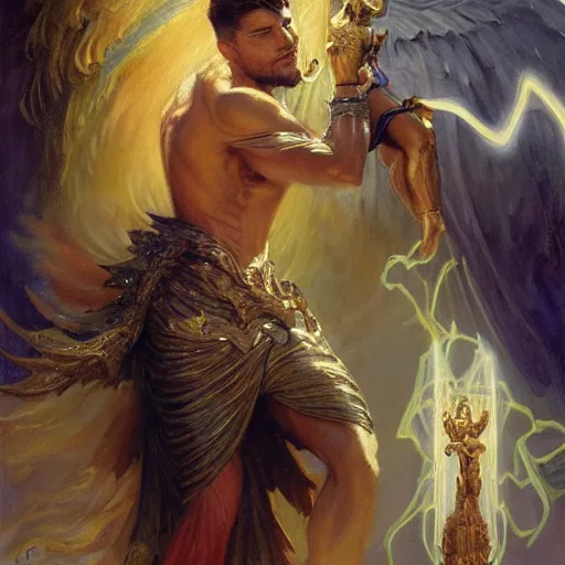 Image similar to attractive male deity casts light spell, summons attractive male lucifer morningstar. highly detailed painting by gaston bussiere, craig mullins, j. c. leyendecker 8 k