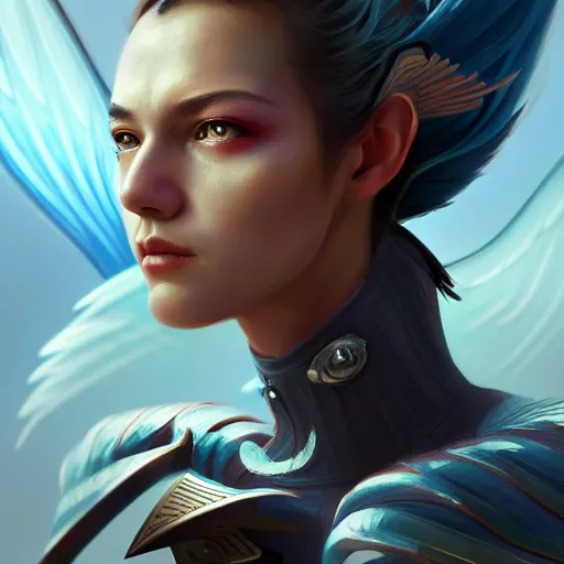 Image similar to 3 / 4 view of a portrait of a fighter woman with wings with wings, confident pose, genshin impact, digital art,, concept art, smooth, sharp focus, illustration, trending on artstation, highly detailed, concept art, trevor carlton, mickey demeo, trending on artstation, anime imax 7 0 mm, h 6 4 0