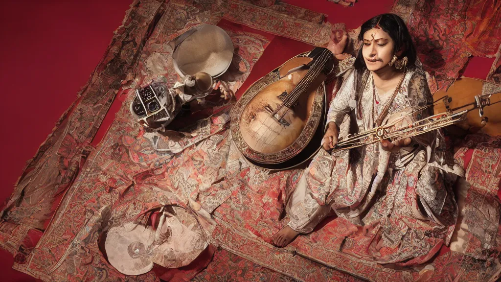 Prompt: indian music, sitar, fine details, studio lighting, subtle shadows, art by katsuya terada, photorealism, hyper realism, octane render, hyper detailed, canon eos r 3, f / 1. 4, iso 2 0 0, 1 / 1 6 0 s, medium shot, 8 k, raw, unedited, in - frame,