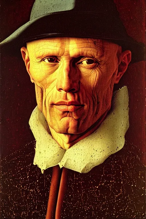 Image similar to portrait of ed harris, oil painting by jan van eyck, northern renaissance art, oil on canvas, wet - on - wet technique, realistic, expressive emotions, intricate textures, illusionistic detail