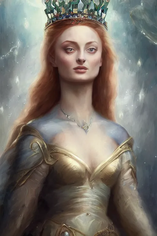 Prompt: beautiful _ hq _ matte _ painting _ portrait _ of _ sophie turner _ princess and jeweled crown _ by _ peter _ mohrbacher _ greg _ rutowski