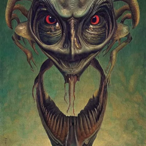 Prompt: A scary, uncanny, unnerving oil painting of a strange alien creature by Max Ernst and Maciej Rebisz