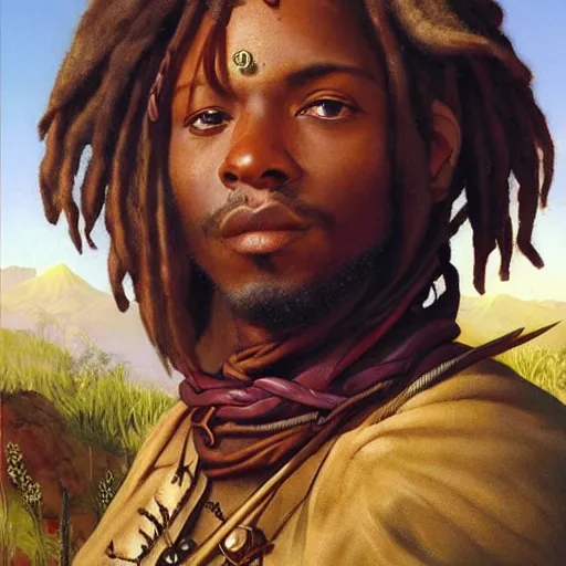 Prompt: a medieval hunter with african ethnicity and dreadlocks, plum color scheme, fantasy character portrait by James C Christensen