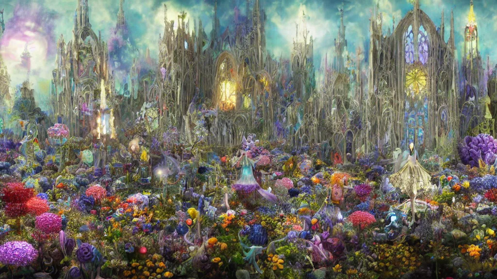 Image similar to a centered render of intricate modular synthesizer of alice in wonderland, shining its light across a tumultuous sea of flowers, undersea animals and gothic crystal church by dorothea tanning and salvador dali, trending on artstation, cyber punk, soft light color, unreal engine, high detailed, 8 k