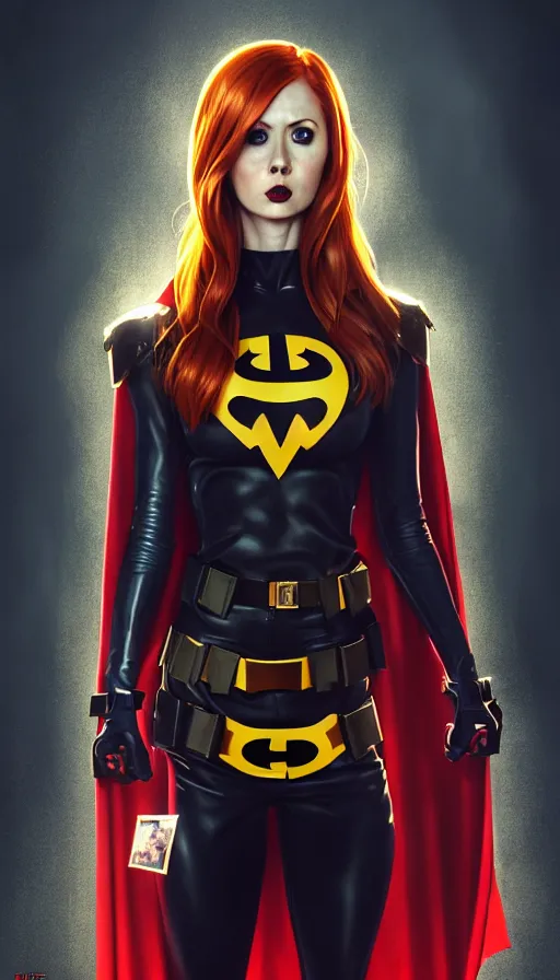 Image similar to Karen Gillan Batgirl, redhead, full body Batgirl torn costume with cape, no mask, bruised, symmetrical face symmetrical eyes, fight pose, dark alleyway, illustration, artstation, cinematic lighting, hyperdetailed, cgsociety, 8k, high resolution, Charlie Bowater, Tom Bagshaw, Norman Rockwell, insanely detailed and intricate