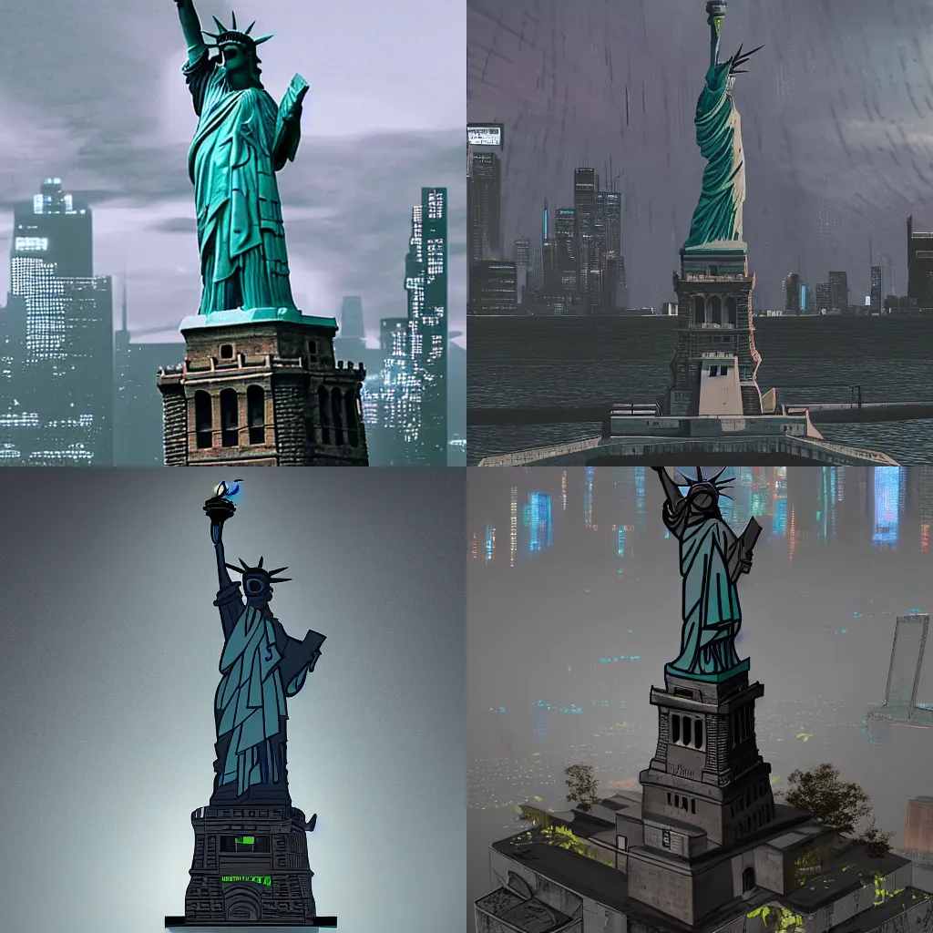 Prompt: ruin of Statue of Liberty cyberpunk style