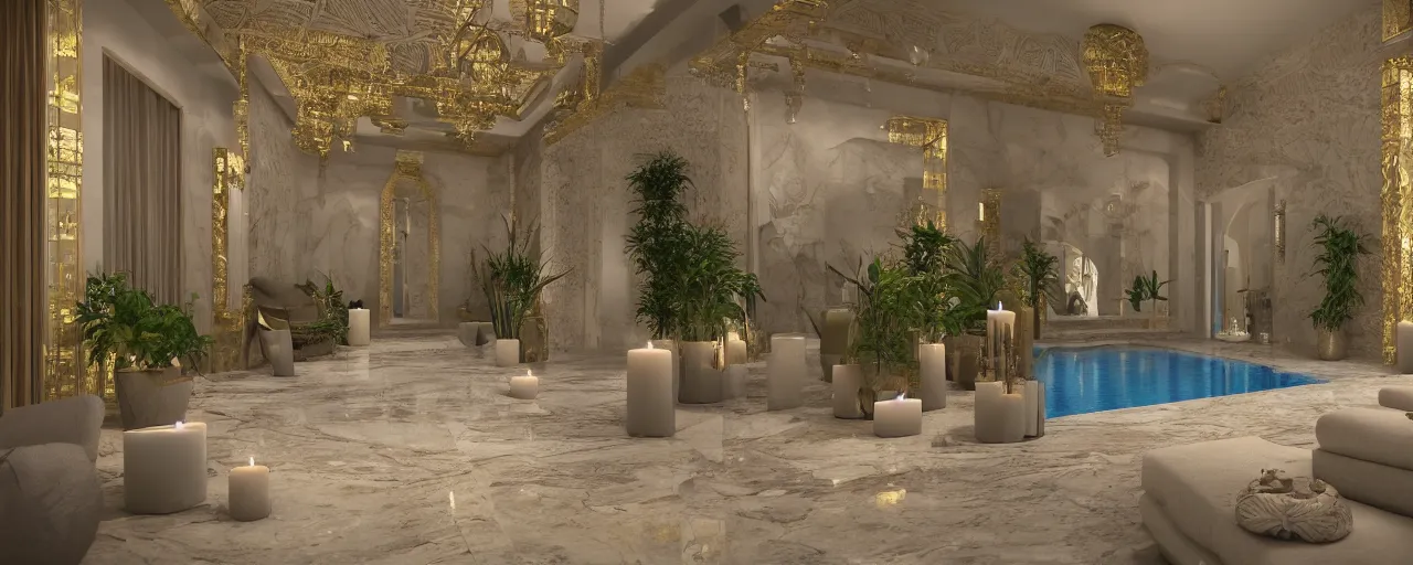 Image similar to 3 d render of a cinematic interior of a triple height hyper luxury spa with everything made of gold, candles, windows with view to desert mountains and river, beige stone marble floor with reflection, small wellness relaxation pool, potted plants, intricate hieroglyph detailed roof, contemporary design, fractal sacred geometry, 8 k, hyperrealistic, photorealism,