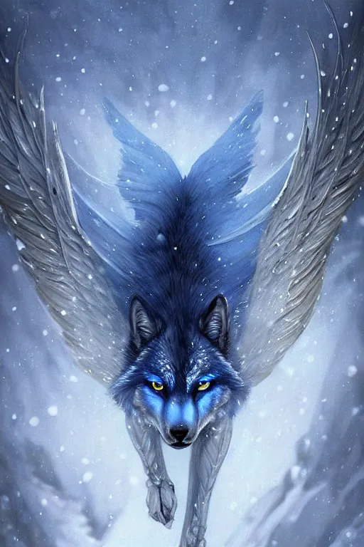 Image similar to blue wolf with wings, facing front, regal, elegant, winter, snow, beautiful, stunning, hd, illustration, epic, d & d, fantasy, intricate, elegant, highly detailed, digital painting, artstation, concept art, smooth, sharp focus, illustration, wallpaper, art by artgerm and greg rutkowski and alphonse mucha and jin xiaodi