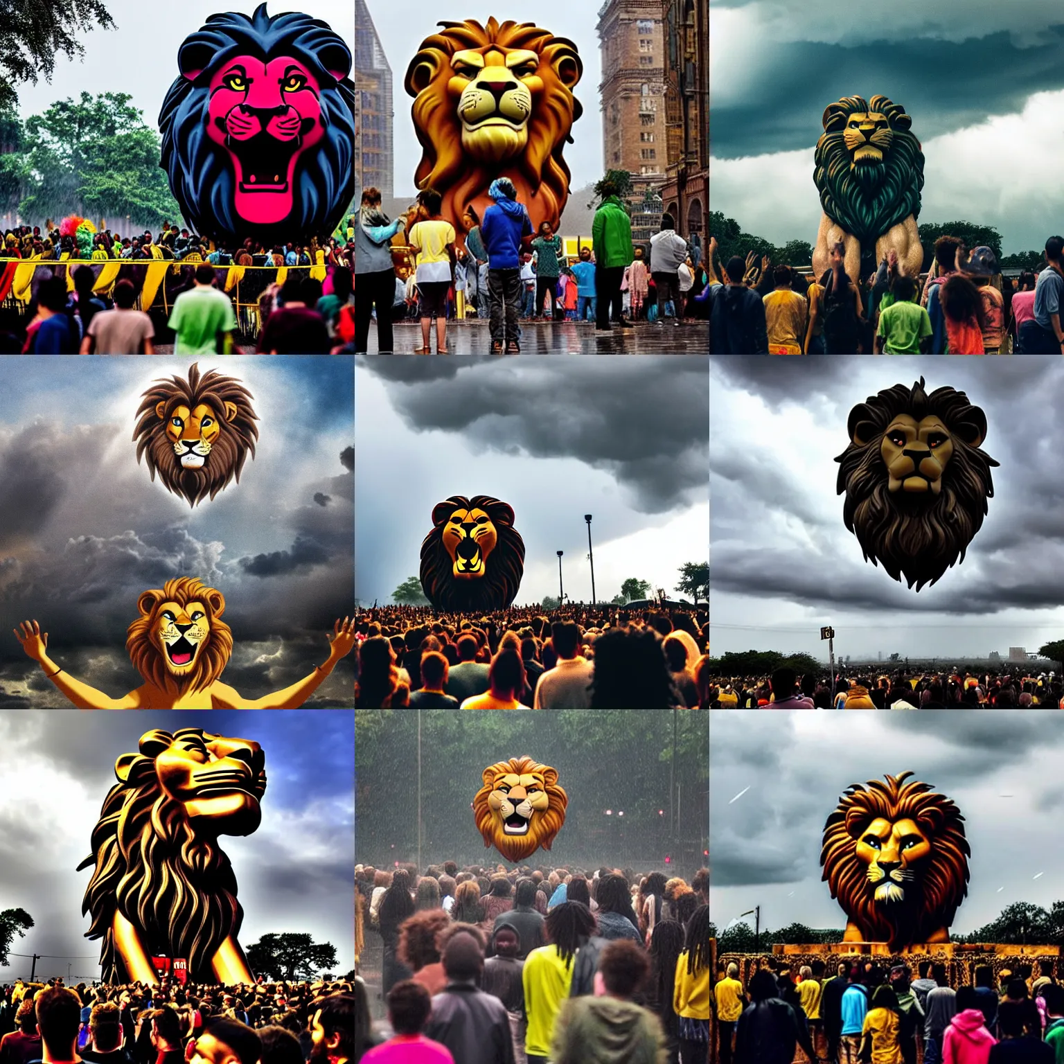 Prompt: people standing in the toxic rain worship the giant cartoon lion head of king mufasa fly from the epic magical thunderclouds in skies, king mufasa fly in sky