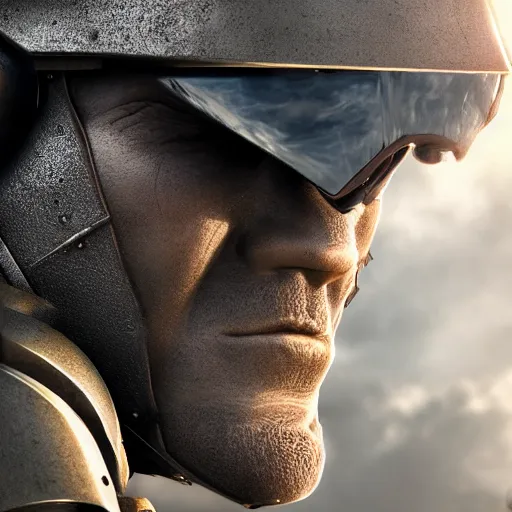 Prompt: photorealistic picture of an armored man looking to the sun, while being shoot, blue eyes, curved nose, artstation