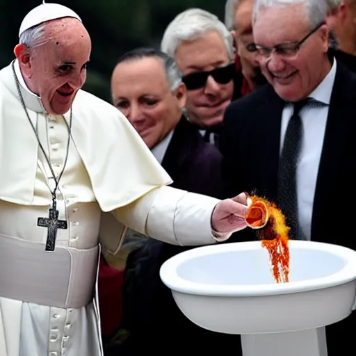 Image similar to the pope eating chili from a white toilet bowl, more toilets lined up next to him