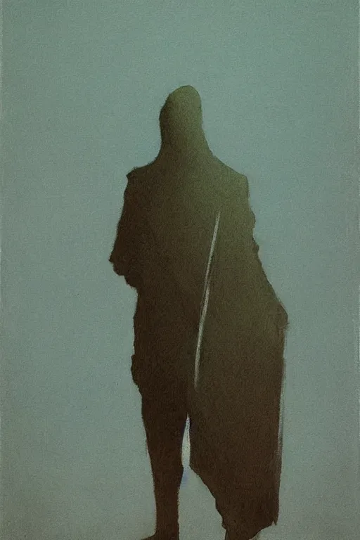 Image similar to dark figure with paper bag over the head and sword in the style of Edward Hopper and Francis Bacon and James Gilleard, Zdzislaw Beksinski, highly detailed