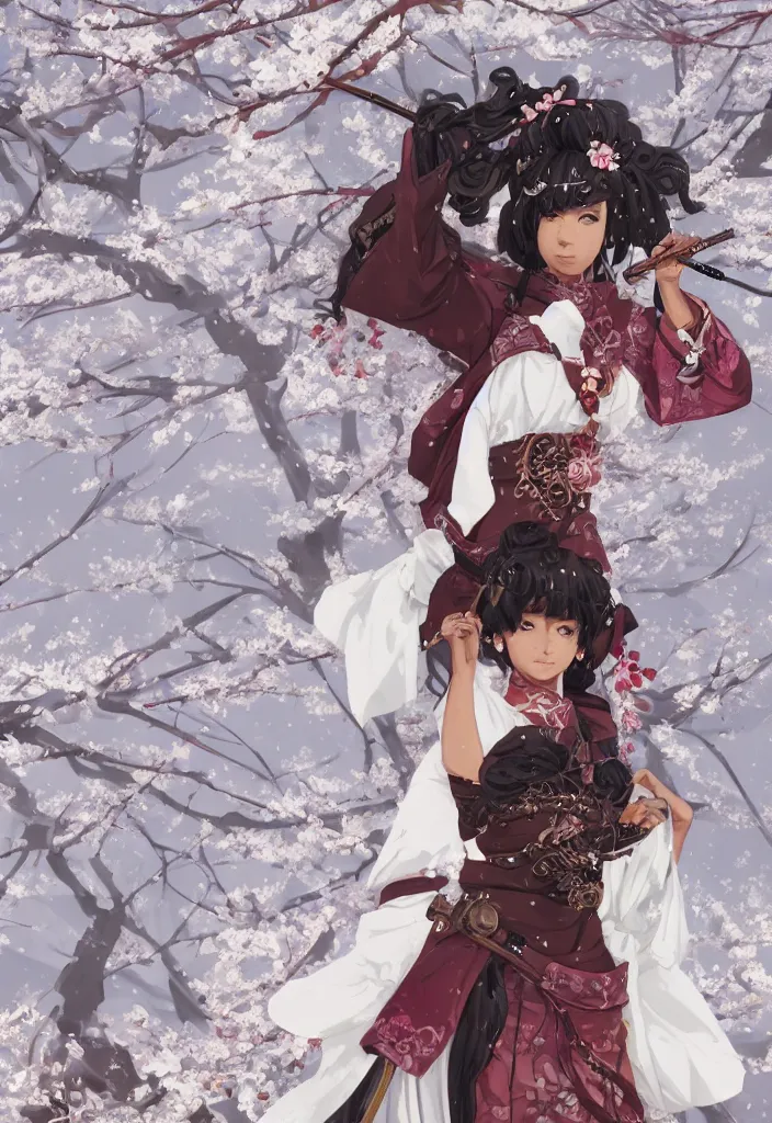 Prompt: detailed portrait of steampunk black girl samurai with tachi and cross bow combat pose in snow forest sakura cherry blossom swan hakama kimono trending on artstation elite, elegant, luxury, by krenz cushart, junji ito, perfect face, fine details, realistic shaded, fine - face, pretty face