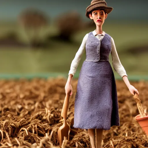 Image similar to a cinematic film still of a claymation stop motion film starring anne hathaway as female farmer with pitchfork, shallow depth of field, 8 0 mm, f 1. 8