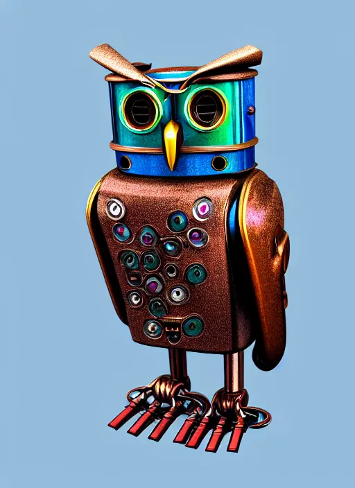 Prompt: colored pencil and pen drawing of an animatronic robot owl, bird made from rusty old keys and padlocks, 4 k photorender realityengine