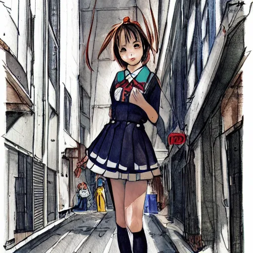 Image similar to a perfect, realistic professional digital sketch of a Japanese schoolgirl posing in a sci-fi alleyway, style of Marvel, full length, by pen and watercolor, by a professional American senior artist on ArtStation, a high-quality hollywood-style sketch, on high-quality paper