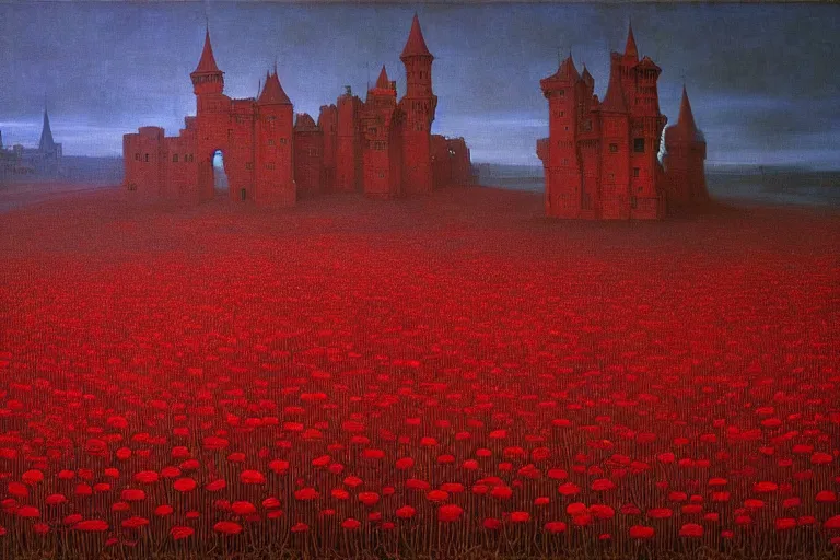 Image similar to only with red, red flowers of different types, a red tiger, a castle in the background, medieval demons dance over the flowers, an ancient path, in the style of beksinski, part by hopper, part by rodcenko, part by hofbauer, intricate composition, red by caravaggio, insanely quality, highly detailed, masterpiece, red light, artstation