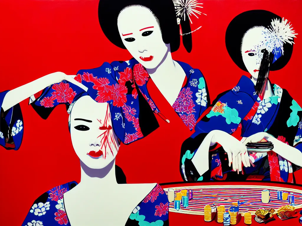 Image similar to hyperrealism composition of the detailed woman in a japanese kimono sitting at a poker table with slenderman, fireworks on the background, pop - art style, jacky tsai style, andy warhol style, acrylic on canvas