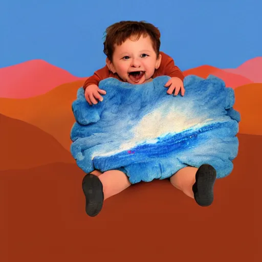 Image similar to blue'snappy gifts'human - sized plush doll, on the background of mars landscape, holding gift, hazy atmosphere, high detail, soft lighting, 8 k