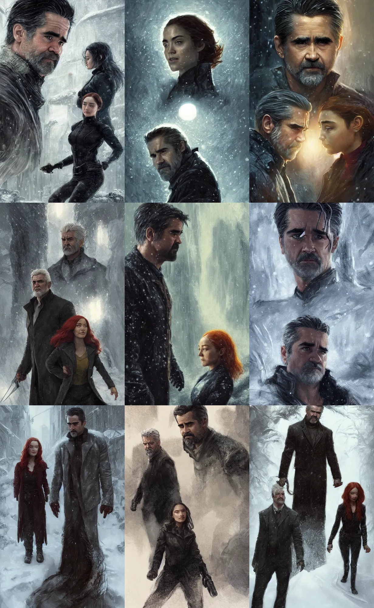 Prompt: colin farrell as old man logan and ruth negga as jean grey in the snow, concept art, detailed face, fantasy, highly detailed, cinematic lighting, digital art painting by greg rutkowski