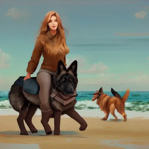 Image similar to girl riding a giant German shepherd at the beach, trending on artstation