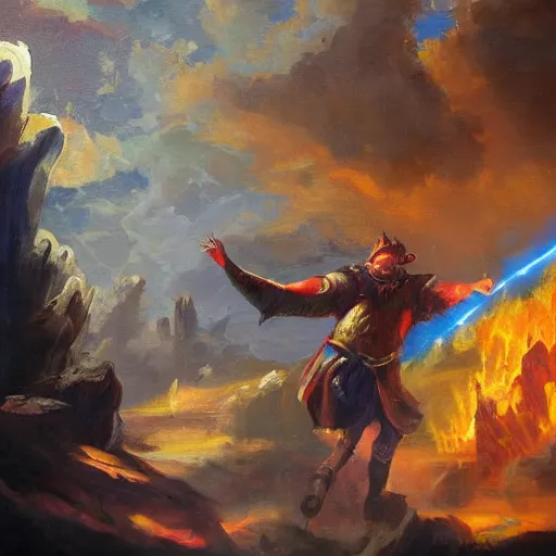 Image similar to Highly detailed oil painting, concept art, of a wizard casting a fireball spell, fighting against a huge ice giant, red and blue color scheme, concept art, highly detailed.