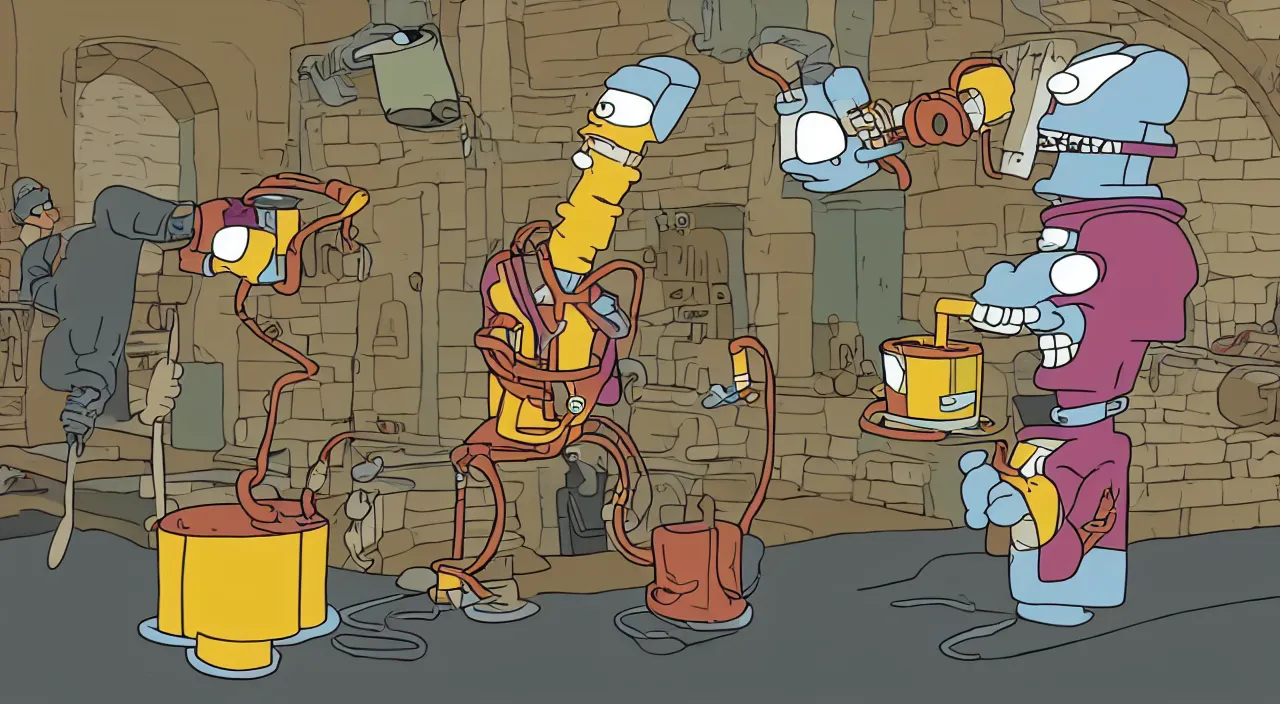 Image similar to a hilarious digital animation still of Bender from Futurama doing a keg-stand while wearing a lampshade in the style of Futurama