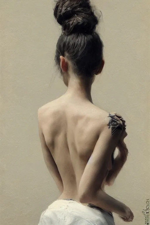 Image similar to girl with messy bun hairstyle, back view, tattoo sleeve, jeremy lipking, joseph todorovitch