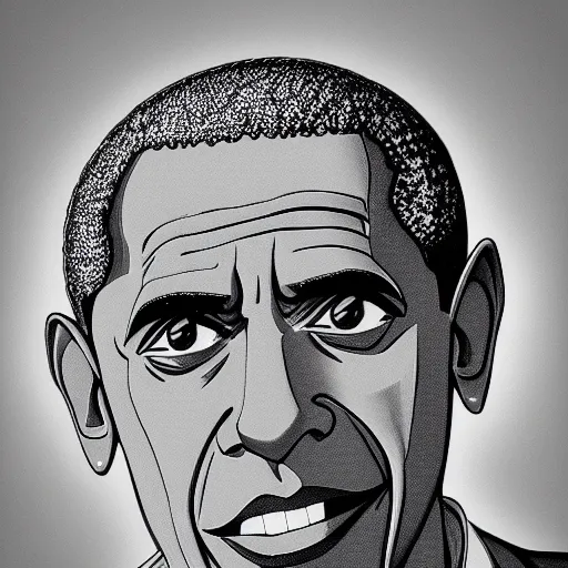 Image similar to barrack obama drawn like a one piece character, manga, black and white, 4 k