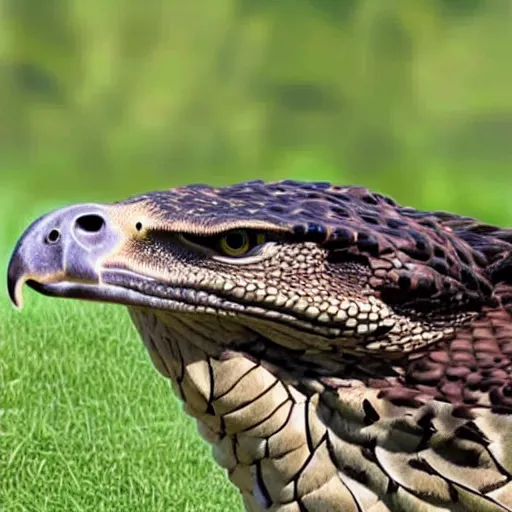 Image similar to hawk and crocodile morphed together, half crocodile, half hawk, real picture taken in zoo, realistic hawk proportions, head of crocodile is seamlessly merged with hawk