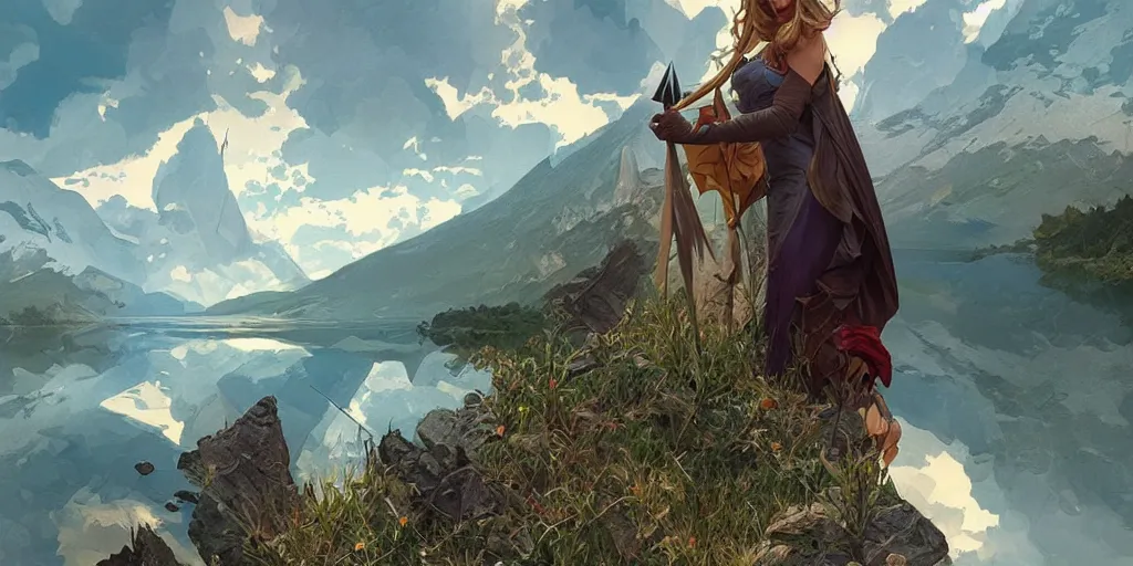 Image similar to arrow lakes, mount odin , landscape, highly detailed, digital painting, artstation, concept art, sharp focus, illustration, art by artgerm and greg rutkowski and alphonse mucha