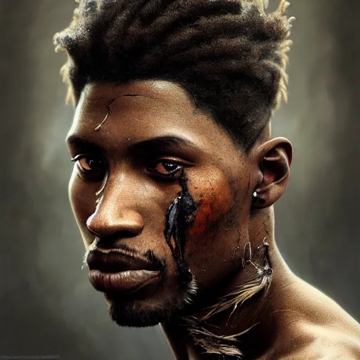 Image similar to portrait painting of a scarred african american man with cropped hair wearing a tattered and feathered coat, ultra realistic, concept art, intricate details, eerie, highly detailed, photorealistic, octane render, 8 k, unreal engine. art by artgerm and greg rutkowski and charlie bowater and magali villeneuve and alphonse mucha