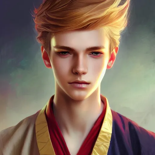 Image similar to colorful Captivating teenage boy with brown blond hair and thin facial structure, brown eyes with red eye markers, slim body, wearing a detailed Japanese kimono with golden details, atmospheric lighting, painted, intricate, 4k, highly detailed by Charlie Bowater