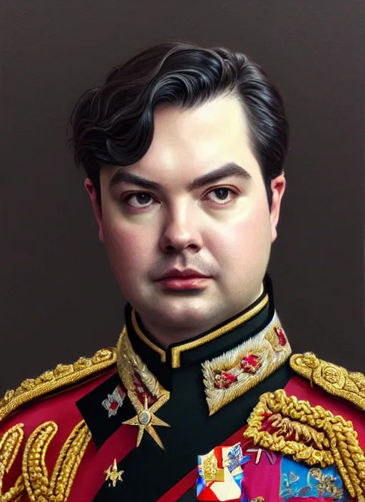 Image similar to portrait of supreme leader rich evans, royalty, extravagant, lord, full body, military uniform, fantasy, intricate, elegant, beautiful, highly detailed, charcoal, centered, dark, smokey, digital painting, artstation, concept art, art by artgerm and greg rutkowski and alphonse mucha