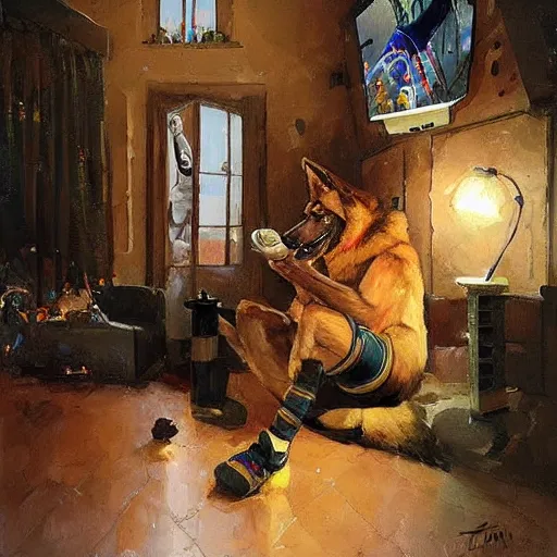 Image similar to a humanoid german shepherd beast - man, sitting and watching a soccer match in his house on television, he has hurt his knee and is a dad, by erin hanson, alexi zaitsev, karl spitzweg, award winning, tv set