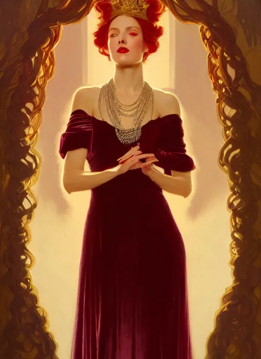 Image similar to ombre velvet gown, face by leyendecker, lovely queen, portrait, long red hair, small crown, dozens of jeweled necklaces, feral languid woman, by greg rutkowski, anato finnstark, alphonse mucha, global illumination, radiant light