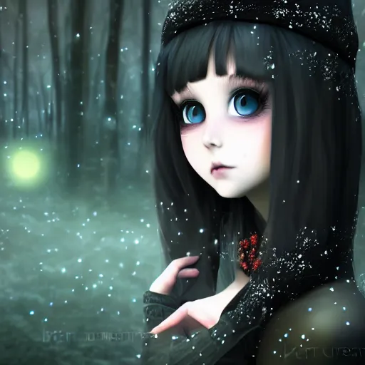 Image similar to focus face portrait of beautiful darkness witch 3D anime girl, dark forest background, snowing, bokeh, inspired by Tim Burton, digital painting, unreal engine render, volumetric light, high détail