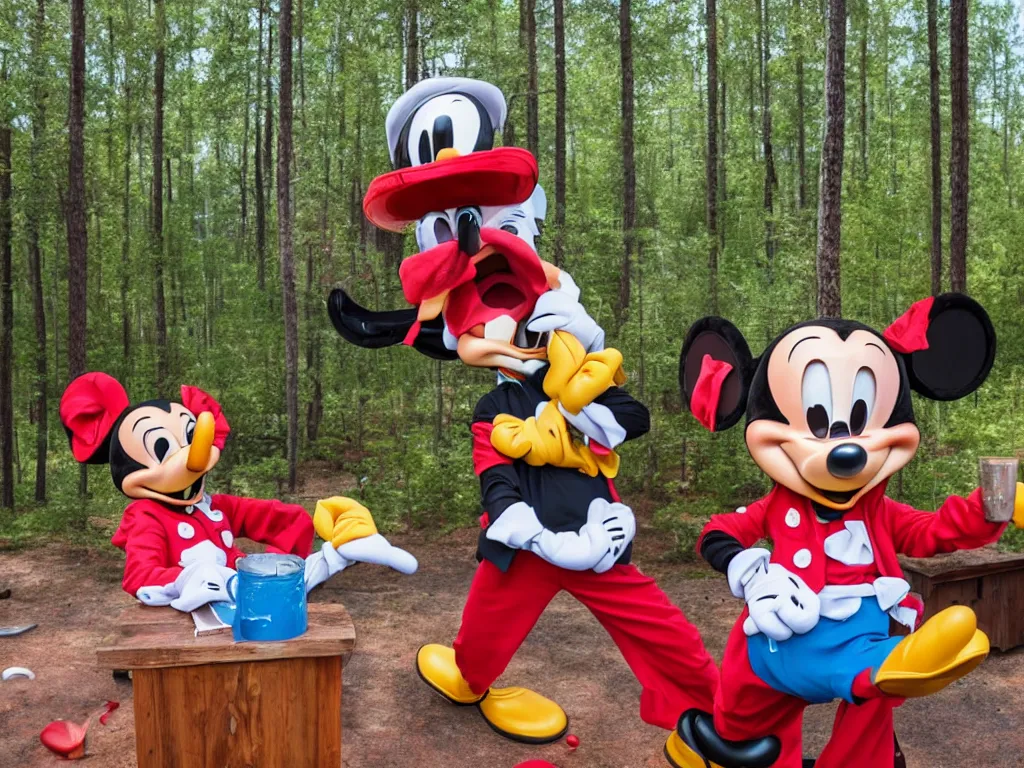 Image similar to disney's goofy bleeding excessively in finnish summer cabin