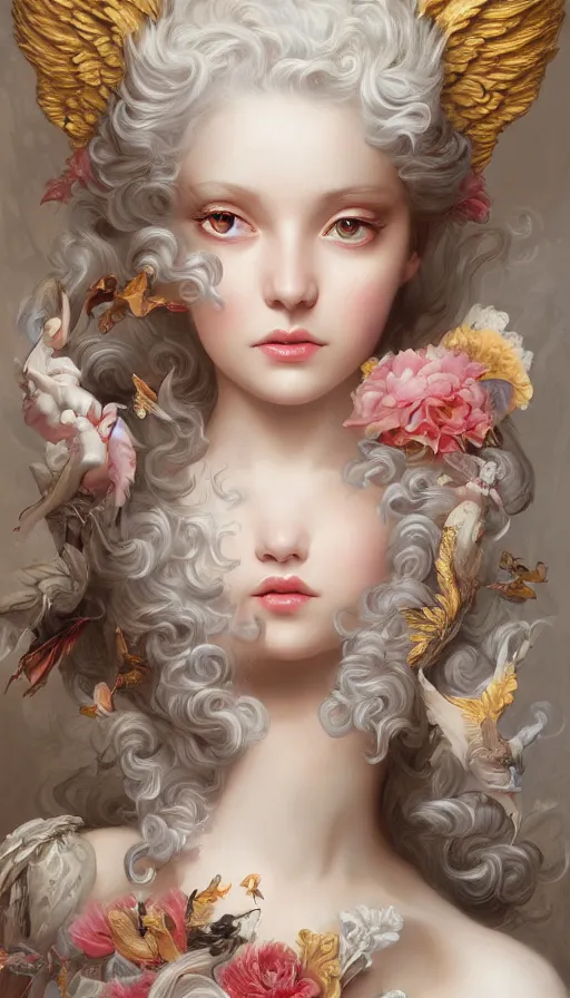 Image similar to pop surrealism, rococo, baroque hair, angelic young female seductive - fine - face, pretty face, key visual, realistic shaded perfect face, fine details by stanley artgerm lau, wlop, nekro, james jean, andrei riabovitchev, marc simonetti, and sakimichan, trending on artstation