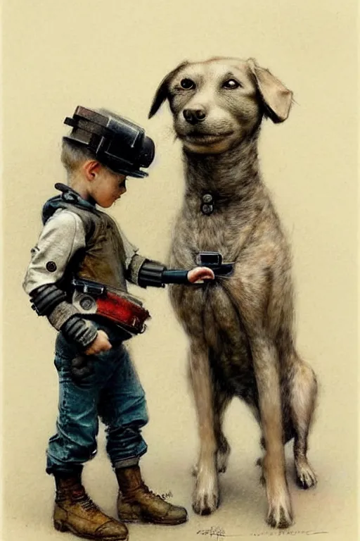 Image similar to (((((1950s boy and his robot box shaped k9 dog. muted colors.))))) by Jean-Baptiste Monge !!!!!!!!!!!!!!!!!!!!!!!!!!!